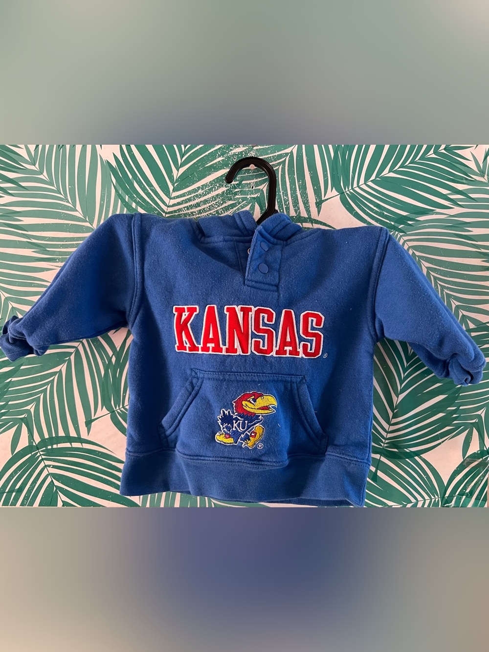Vintage 90’s Kansas Jayhawks Mascot Royal Blue Kids Hoodie Sweatshirt Sz 12 M